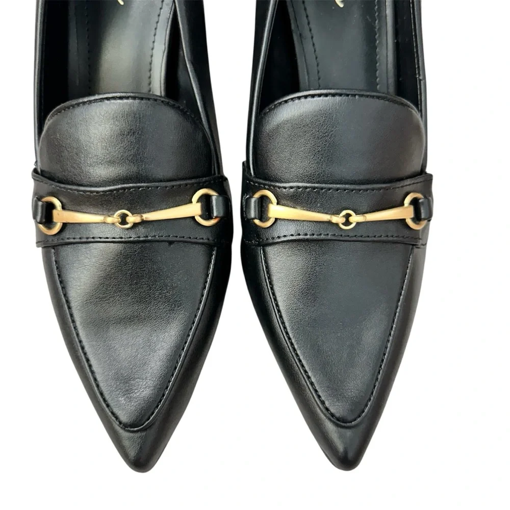 CHARLES DAVID Amity LoaferStyle BlockHeel Black Pump Gold Hardware PointedToe 9M